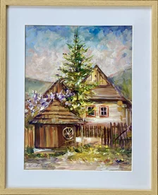 Zuzana Lukáčová, Vlkolínec, akryl na sololite 38,5x28,5 cm, zarámované 52x42 cm