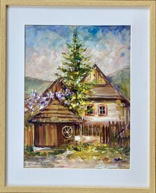 Zuzana Lukáčová, Vlkolínec, akryl na sololite 38,5x28,5 cm, zarámované 52x42 cm